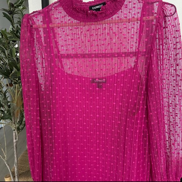 Classy Polka Dot EXPRESS Women's Top w/Camisole, Large Size Pink Mesh Dressy Top - Picture 10 of 15